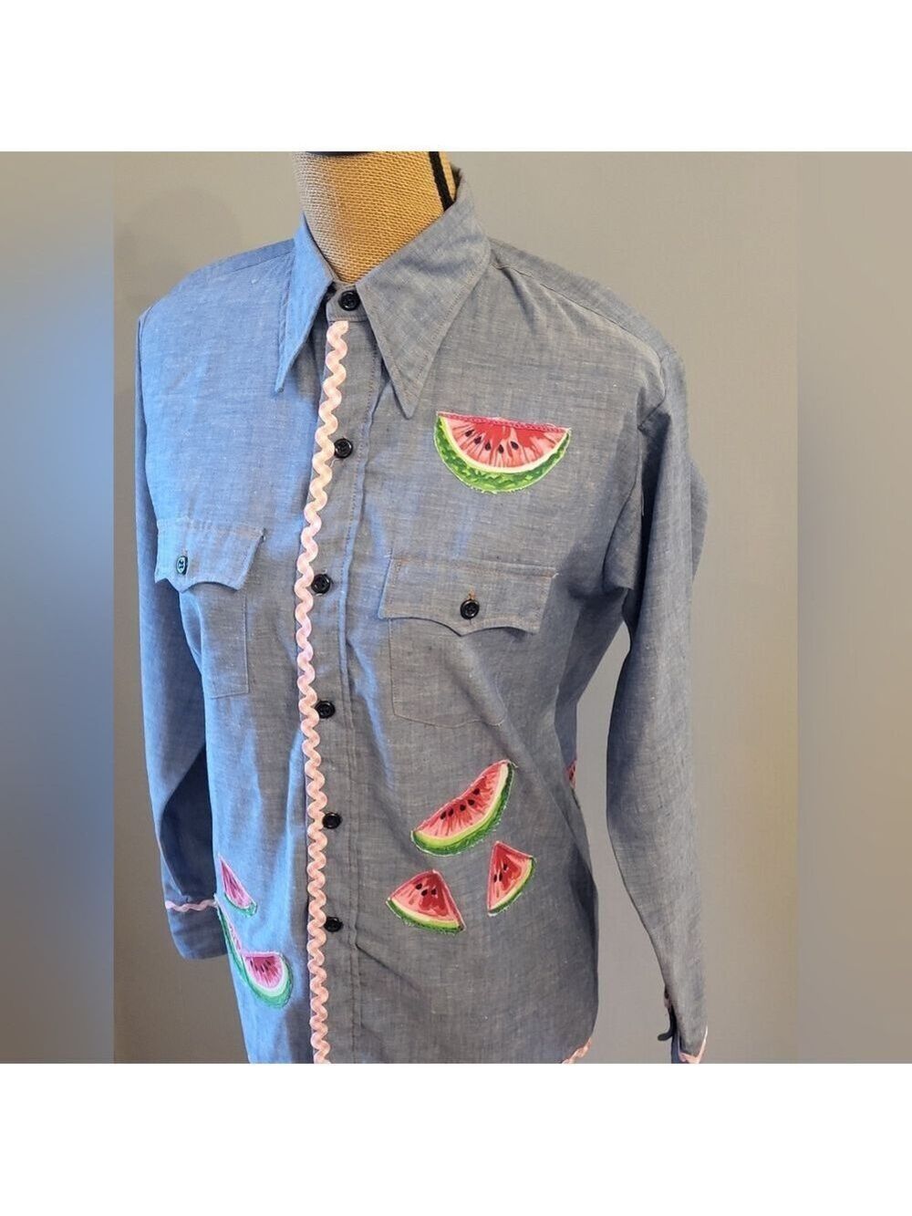 1970s Cotton Chambray Shirt With Watermelon Appliques Medium